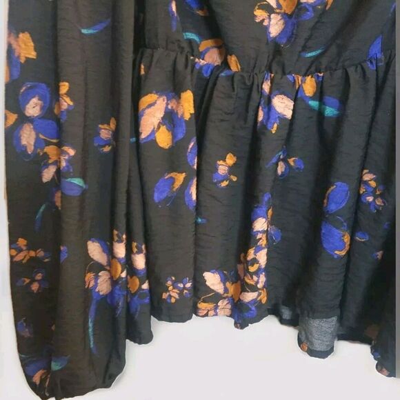 Ava & Viv Black Floral Peplum Blouse Women's 2X Prairie Neck Tie Shirred Back - Picture 4 of 8